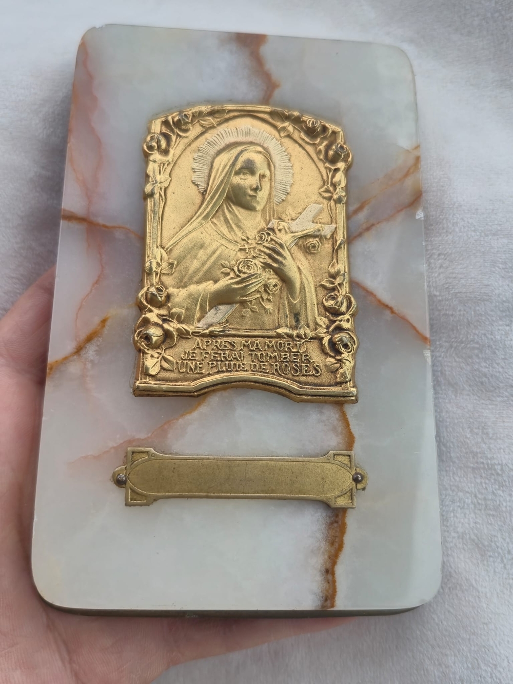 French Alabaster & Brass Thérèse of Lisieux Religious Plaque / Easel